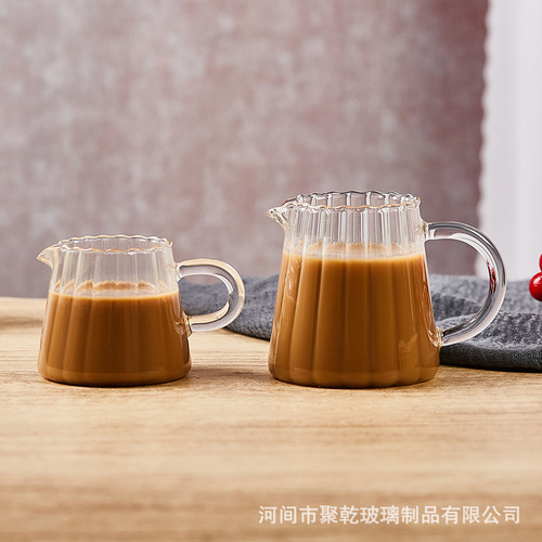 High Borosilicate Transparent Vertical Striped Small Milk Can Concentrated Coffee Milk Cup with Handle Milk Pitcher with Pointed Tip Glass Mini Milk Pitcher