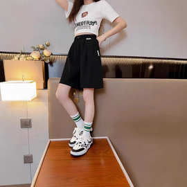 女童裤子夏季薄款外穿短裤女大童时髦洋气冰丝夏装黑色儿童五分裤