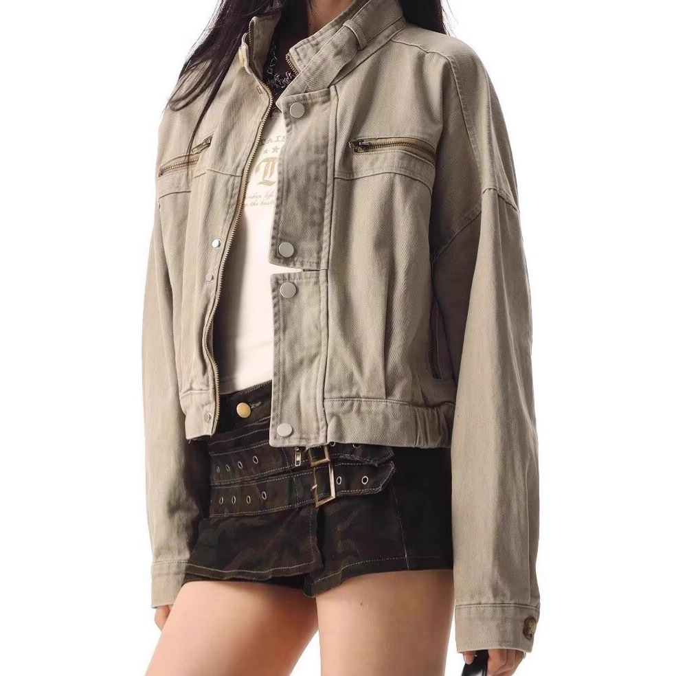 American Retro Workwear Style Short Denim Biker Jacket for Women 2026 Autumn New Loose Jacket Top Trendy