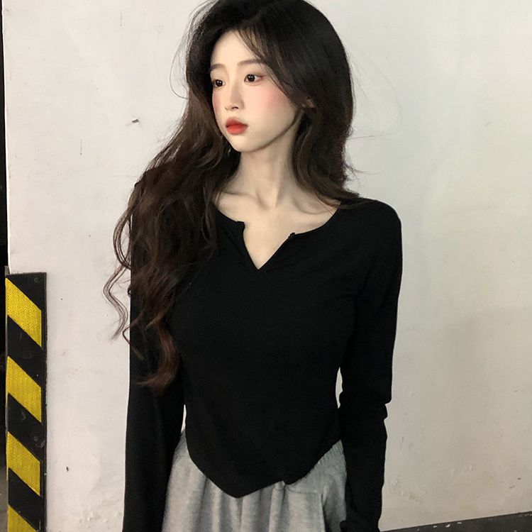 长袖T恤女新款韩版不规则小众修身少女辣妹纯欲风打底衫秋季上衣