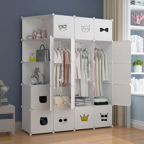 Simple wardrobe foldable plastic assembly dorm steel frame closet storage cabinet organizer anti-moisture cartoon puzzle cabinet