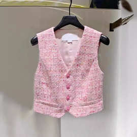 粉色小香风马甲背心2026年夏季设计师款小众V领甜美洋气无袖上衣
