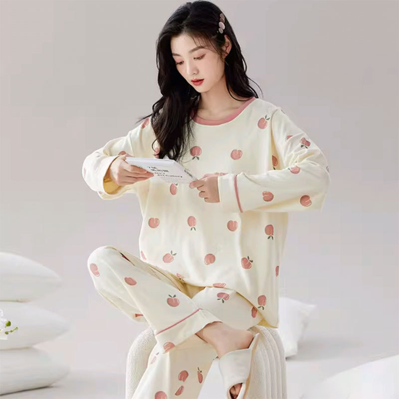 Sweet Peach-Filled Spring and Autum Pajamas for Women, Imitation Cotton Long-Sleeved Girls' Soft and Waxy Age-Reducing Casual Home Wear Set