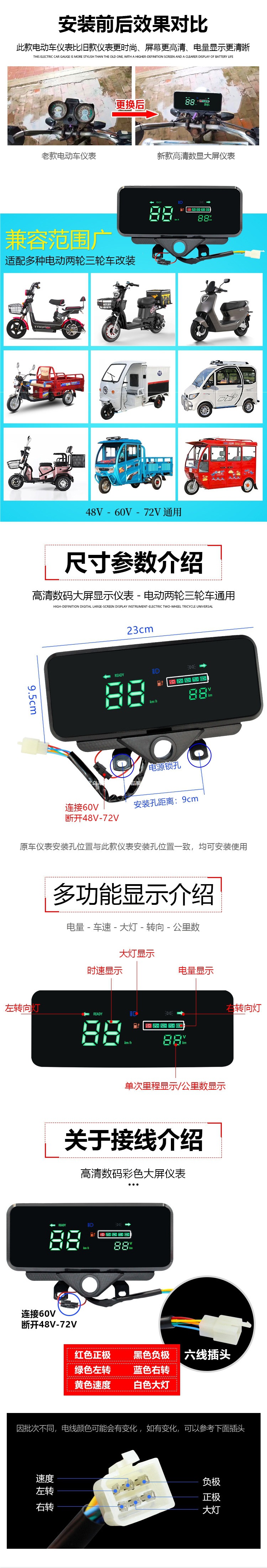 Electric tricycle dashboard 48v60v72V universal electric vehicle LCD instrument assembly with battery level gauge and mileage display