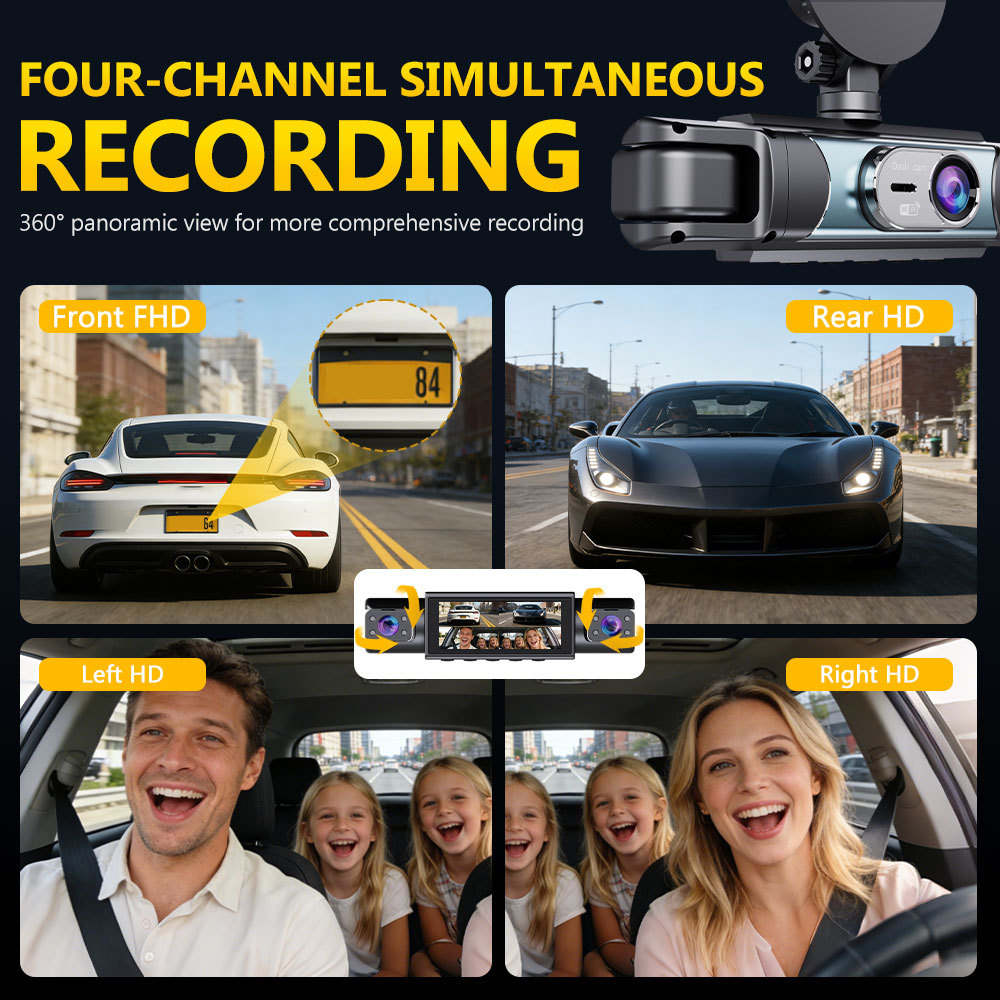 Cross-border four-lens dashcam with WIFI connection, night vision, 1080P quad-view display, and reverse camera monitoring