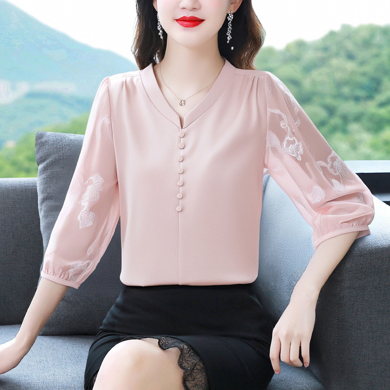 Mid-Sleeve Silk Shirt for Women Summer 2025 New Hangzhou Classy Elegant Crepe De Chine Thin Mulberry Silk Top Spring & Fall