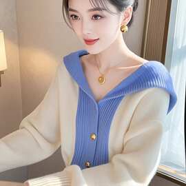 撞色连帽针织开衫女外穿20秋冬韩系软糯宽松休闲毛衣外套