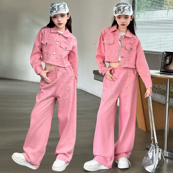 Girls' High-grade Elegant Pink Denim suit 2025 New Spring and Autumn Children's Korean Fashion Hot Rhinestone Two-piece Set
