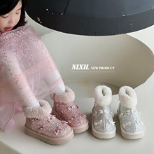 2024年冬季新款儿童雪地靴时尚蝴蝶结亮片厚绒公主靴保暖大棉鞋