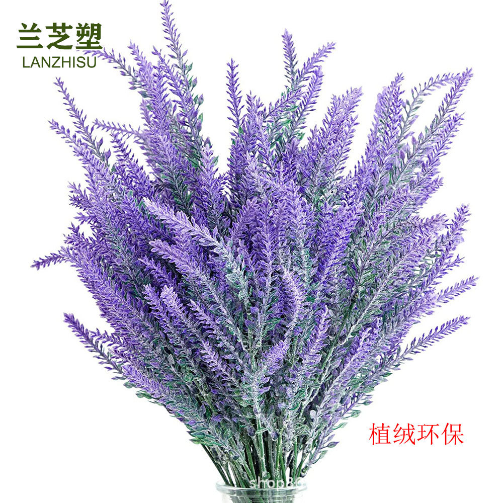 亚马逊5叉植绒薰衣草环保麦穗仿真塑料花家居装饰植绒人造假花