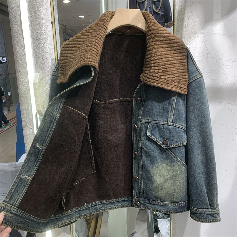 Damkläder Plyschjeansjacka damkorta toppar retrostickad liten tjock jacka_voghion.com