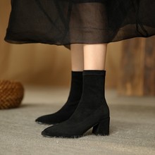 短靴女2022新款春秋季單靴黑色磨砂翻毛皮冬季加絨粗跟高跟瘦瘦靴