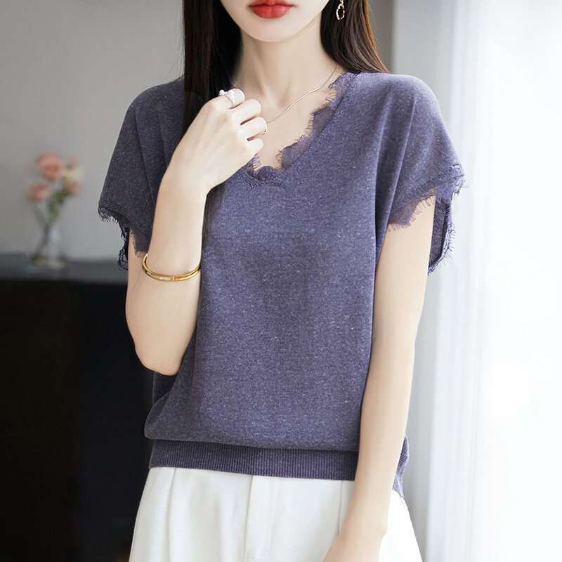 Summer New Style French Tencel Linen V Neck Knitwear Short-Sleeved Lace Pullover Women's Bottoming Shirt Wholesale