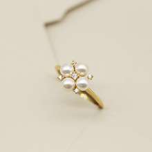 S925纯银镀金戒指女气质百搭时尚个性指环 珍珠镶钻花朵女款饰品