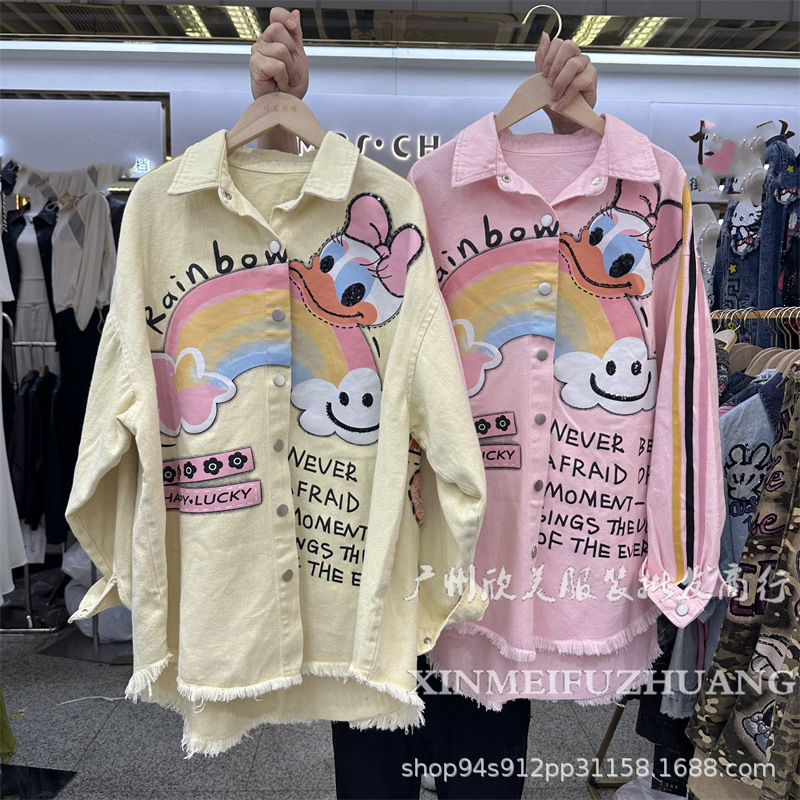 European Station 2026 Spring/Summer New Fashion Loose Cartoon Pattern Denim Shirt for Women Trendy Tops European Station 2026 Spring/Summer New Fashion Loose Cartoon Pattern Denim Shirt for Women Trendy Tops