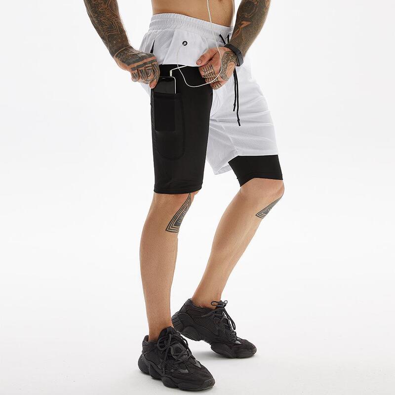 Cross-Border Foreign Trade Popular Outdoor Sports Double-Layer Shorts Men's Fitness Casual Running Quick-Drying Five-Point Pants Direct Sales in Stock