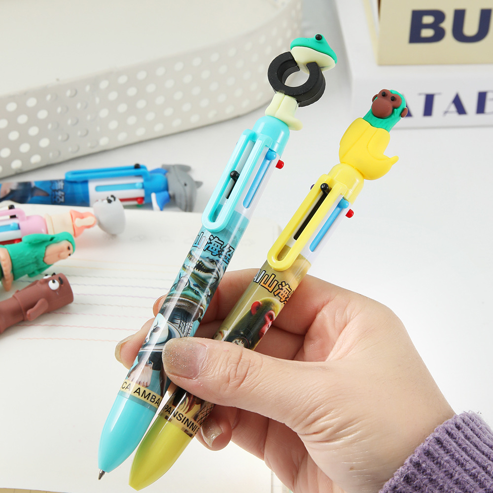 Montañas y mares de seis colores lápiz de dibujos animados palo de madera hombre pluma multicolor lápiz de bola de alto valor de color estudiantes de primaria escritura al por mayor