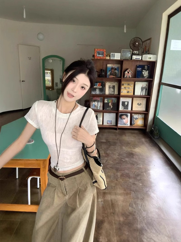 ホットガールウエスト微透けショートトップ半袖Tシャツレディース2025年夏新作右肩デザイン痩身トップ|undefined