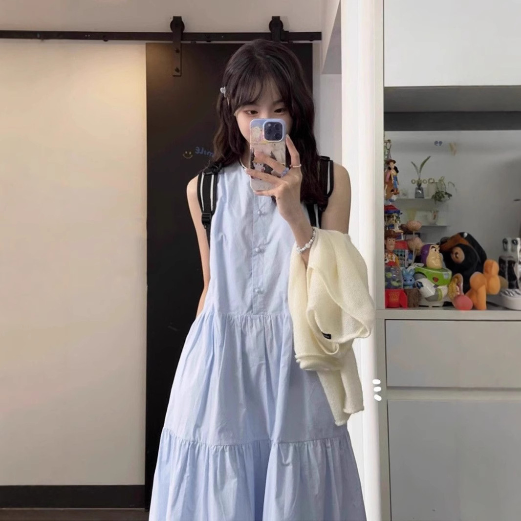 2025夏季温柔风小个子宽松显瘦拼接褶皱无袖连衣裙女蓝色背心长裙