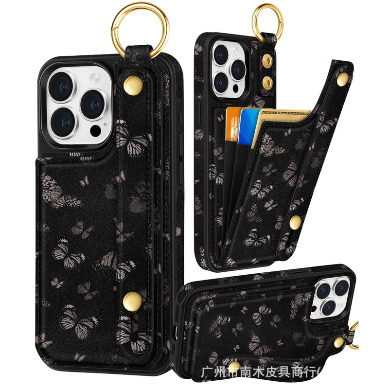 Suitable for Iphone16 Black Butterfly Mobile Phone Case Fashion Aesthetic Credit Card Holder Holder Wristband Mobile Phone Leather Case