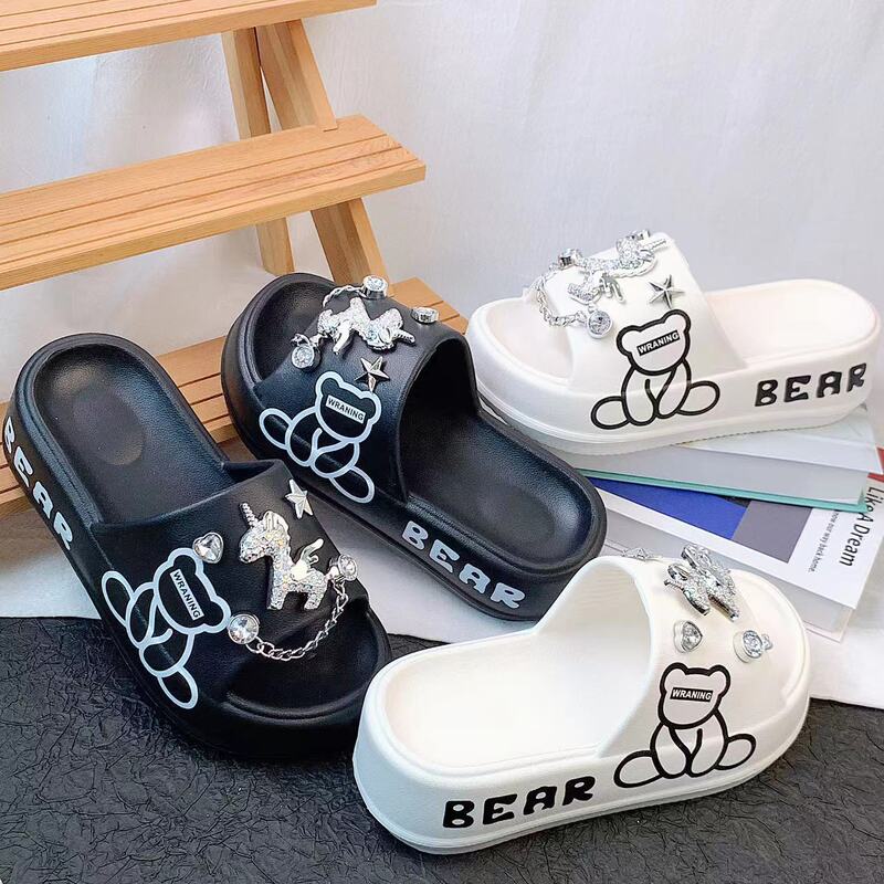 2024 Thick Bottom Platform Eva Slippers Summer Outer Wear Cute Colorful Rhinestone Pony Beach Slippers Ins