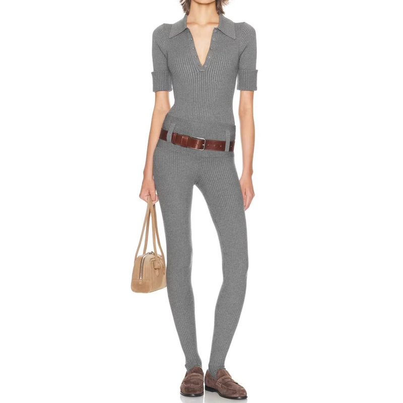 Nanyou Niche Design Lapel Ribbed One-Piece Knitwear Set for Women, New Spring Style Base Top Paired with Leggings