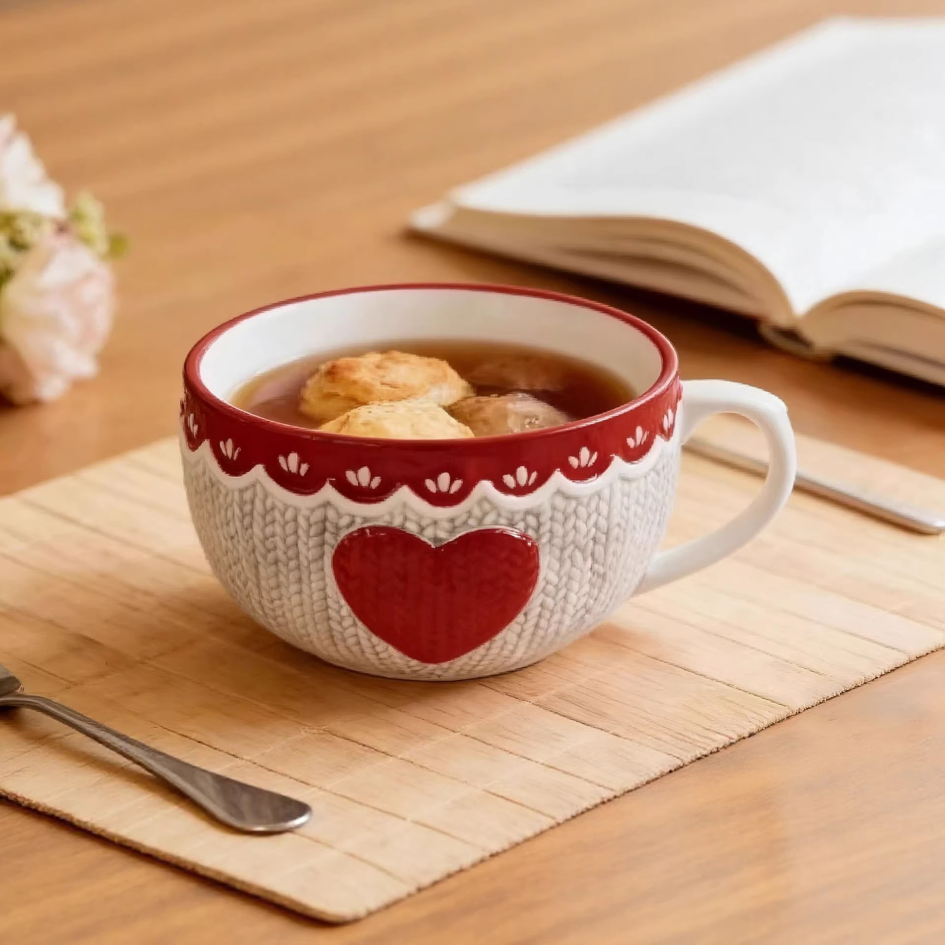 Taza de desayuno de leche de avena casera creativa dibujos animados lindo conejo mango de bolsillos de fideos de cerámica gruesa taza de sopa de gran capacidad