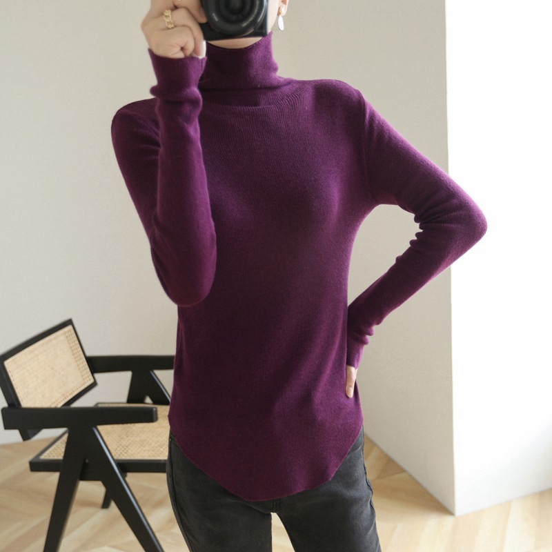 2021冬季新款针织衫女堆堆领纯色套头韩版毛衣薄款修身显瘦打底衫