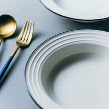 湯盤家用菜盤簡約陶瓷深盤餐具西餐盤意面盤沙拉盤草帽盤飯盤藍線