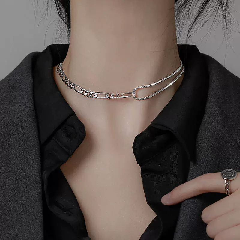 巨丰S925银短款项链 新款镶钻双层锁骨链 个性时尚锆石颈链