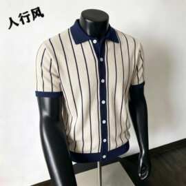夏季商务老钱风杏色针织POLO衫男士休闲条纹冰丝短袖T恤
