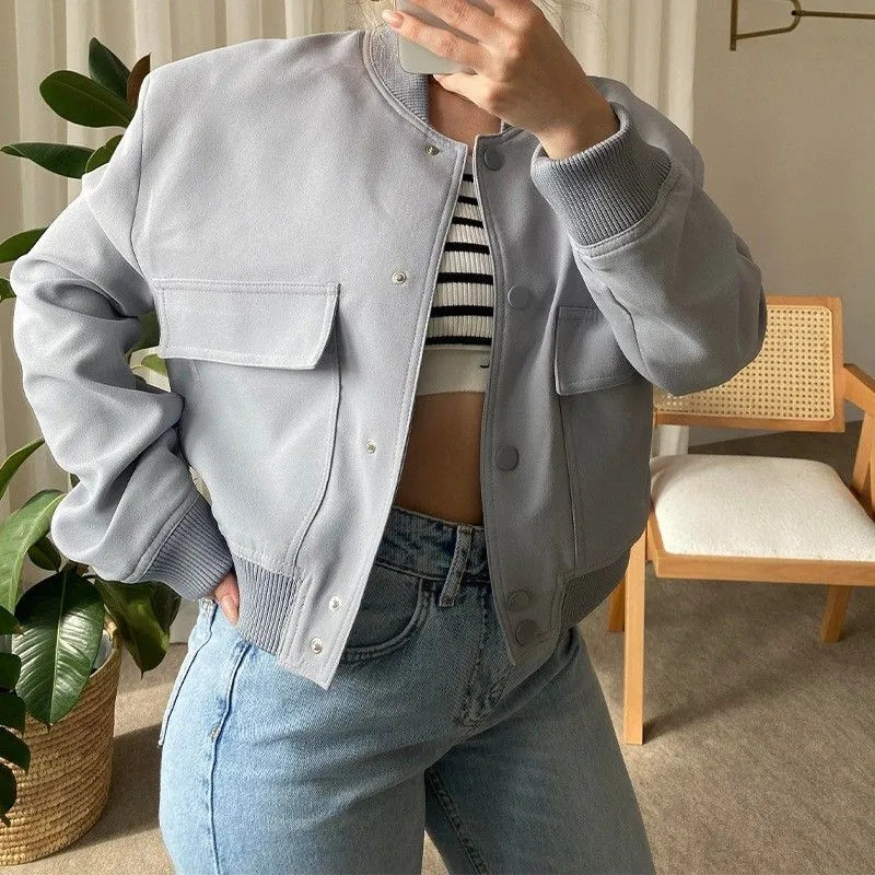 Short Style 2026 Cross-Border Autumn and Winter New European and American Casual Baseball Pocket Women's Jacket Loose Fit Stylish Photo Shoot Outfit