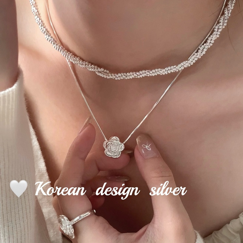 韓版小眾簡約設計銀飾品 S925純銀玫瑰花項鍊 疊戴ins風高級感女