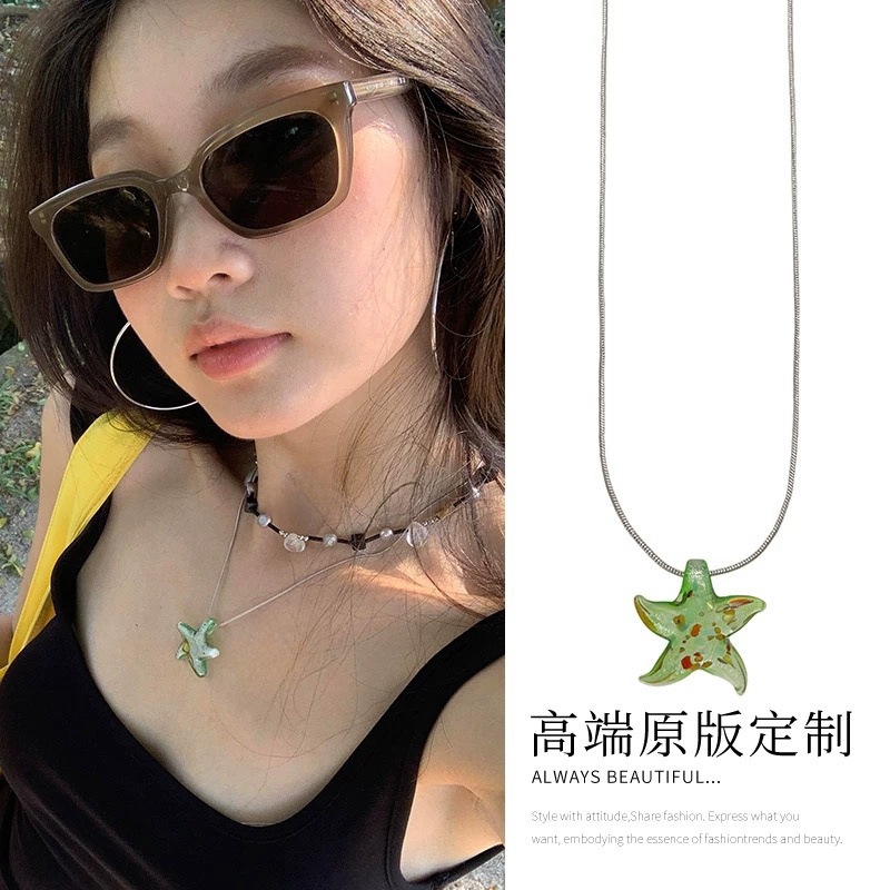 新款波西米亚不规则琉璃海星项链女度假风小众高级百搭不锈钢颈链