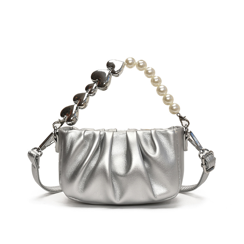 Nuevo bolso para niños, bolso de niña perla de amor fresco y dulce, mini bolso de mensajero para bebé plisado de estilo occidental