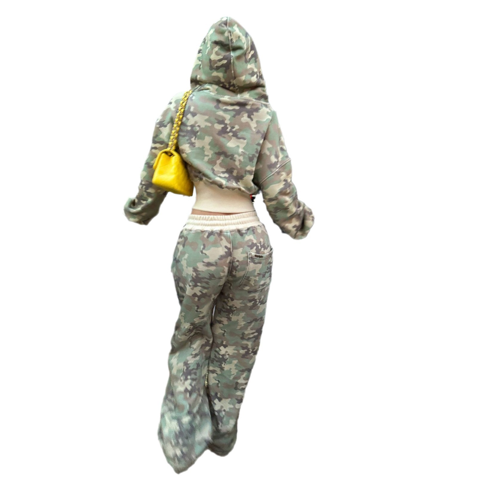 유럽과 미국의 여성 패션 스티칭 스포츠 세트 위장 짧은 허리 후드 스웨터 패션 캐주얼 투피스 여성