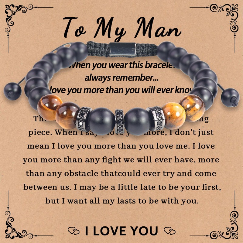 European and American Cross-Border Handmade Woven Bracelets for Son, Husband, Boyfriend, Tiger Eye Stone Black Matte Bracelet Men's Jewelry