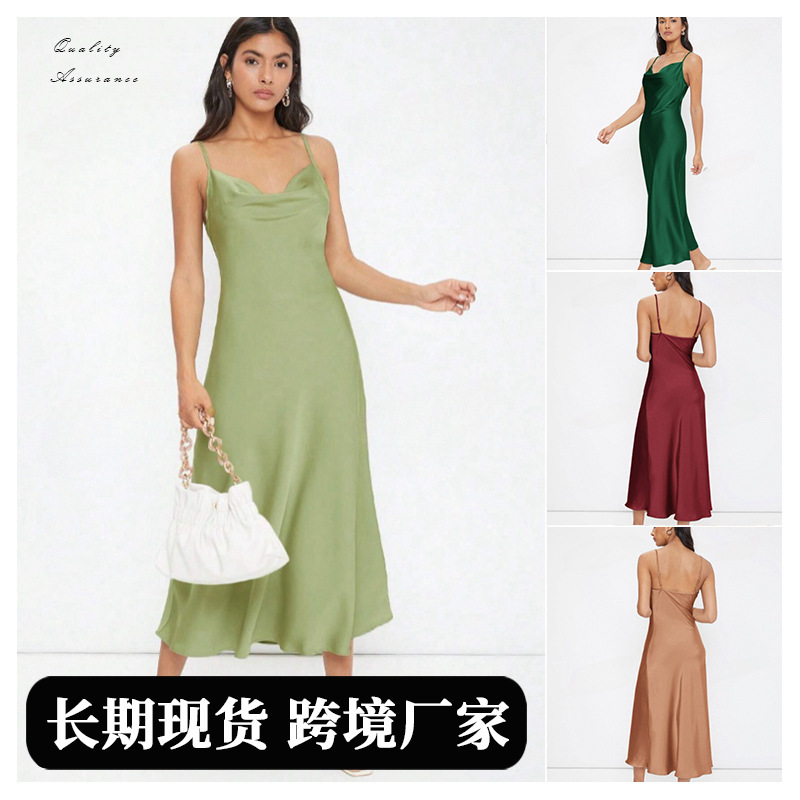 Ropa de Mujer para Comercio Exterior Transfronterizo, Estilo Europeo y Americano, Primavera/Verano 2026, Nuevo Vestido de Satén con Tirantes, Escote Profundo en V, Corte Entallado, Color Sólido, a la Moda image 1