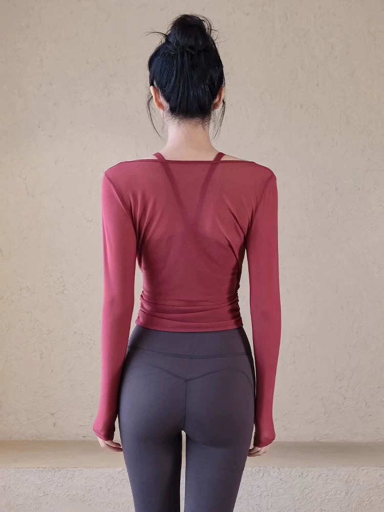Demi-season yoga clothing, hair band, sports top with cups, long-sleeve, set for training for gym