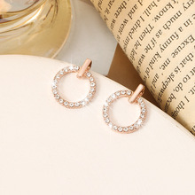 韓國時尚圓形玫瑰金鑲鑽耳釘氣質新潮流行耳飾高級感新款耳環羅馬