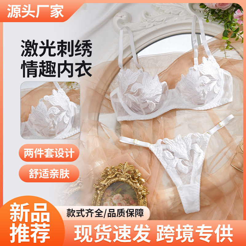 Cross-Border Amazon Sweet Lace Embroidered Thong Bra Set Mesh See-Through Sexy Pure Desire Lingerie Cross-Border Amazon Sweet Lace Embroidered Thong Bra Set Mesh See-Through Sexy Pure Desire Lingerie