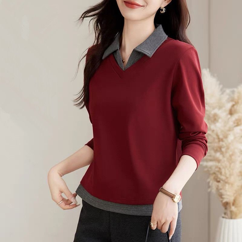 Spring and Autumn New Polo Collar Fake Two-Piece Long-Sleeved T-Shirt for Women, Autum Popular Slimming Look and Age-Reducing Top with Bottoming Shirt