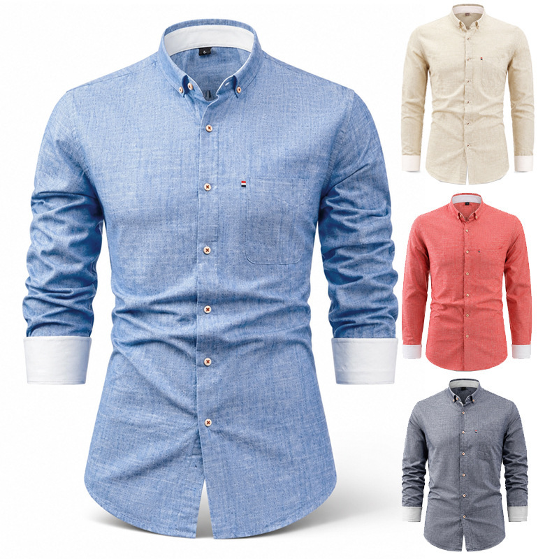Men's Cotton-Linen Shirt for Export, Long Sleeve, Solid Color, Buttoned, Casual Cotton Pocket Top, Men's Summer Shirt Men's Cotton-Linen Shirt for Export, Long Sleeve, Solid Color, Buttoned, Casual Cotton Pocket Top, Men's Summer Shirt