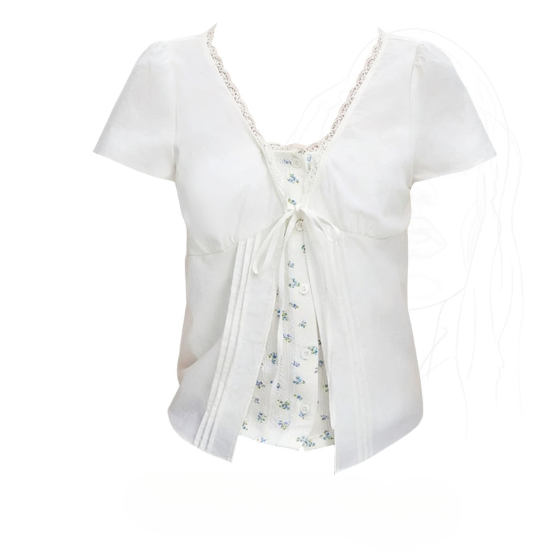 Plus-Size Girl's Pure Desire Style Fake Two-Piece Lace-Up Short-Sleeve Blouse for Women, Summer Special Beautiful Shirt Plus-Size Girl's Pure Desire Style Fake Two-Piece Lace-Up Short-Sleeve Blouse for Women, Summer Special Beautiful Shirt