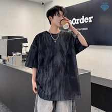 美式复古扎染泼墨短袖t恤男夏季潮牌ins宽松重磅上衣休闲半袖体恤