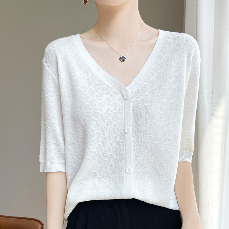 24 Summer New Tencel Mulberry Silk Blended V-neck Knitted Cardigan Short Sleeve Women's Loose All-match Solid Color Top