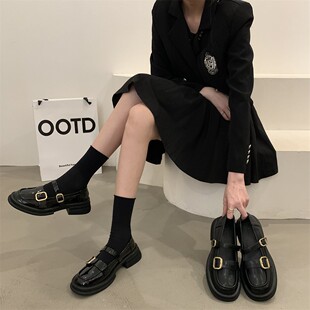 Thick Sole British Style Leather Shoes Women's 2024 New Spring Vintage Mary Jane Women's Shoes Loafers Black Single-layer Shoes