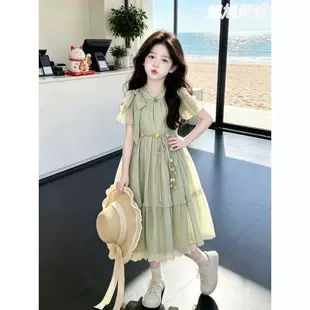 Платье для девочек с рюшами и пояском зелёное длинное