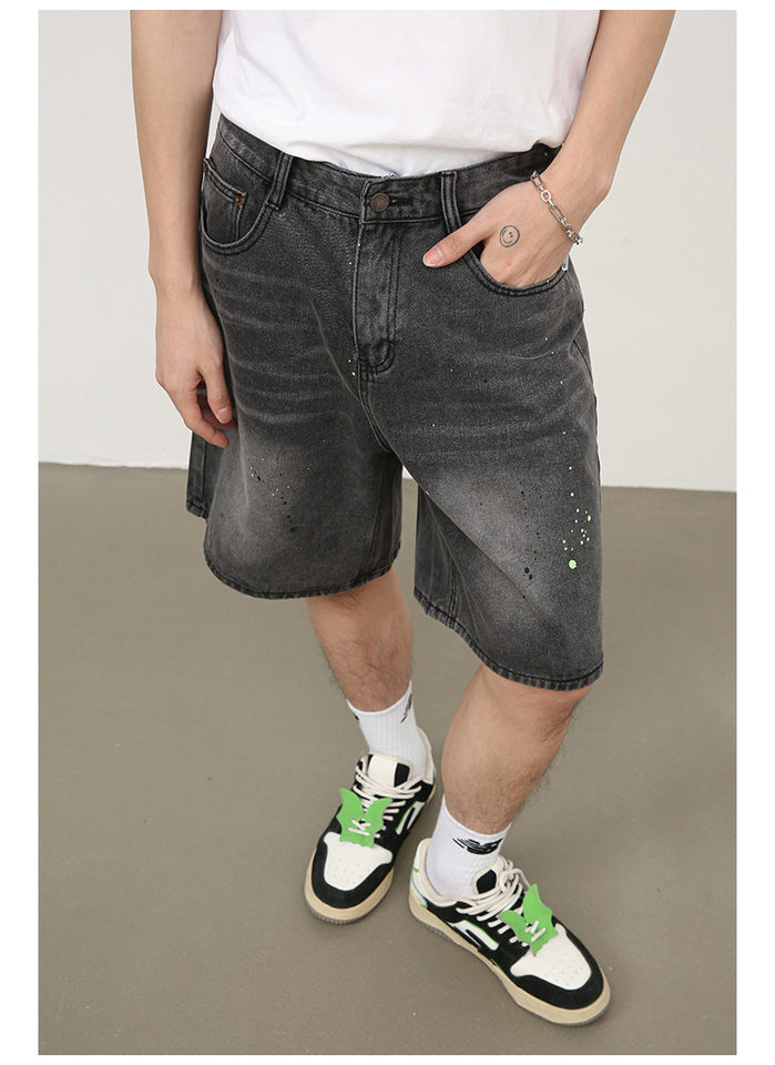 Quần short denim nam ống rộng lửng trên gối, họa tiết vệt sơn mực kiểu đường phố — Xanh lam nhạt, Đen xám chi tiết 11