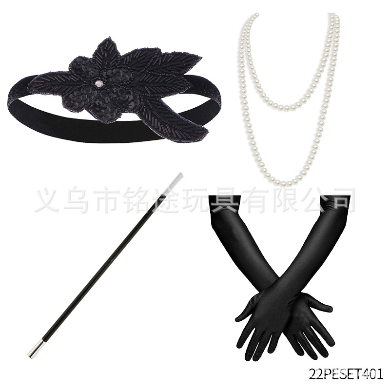 Vintage 1920s FLAPPER niña ropa diadema lana raya guantes de plástico falso tabaco varilla Gatsby traje